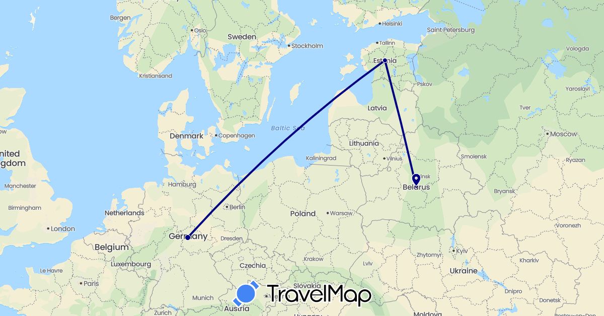 TravelMap itinerary: driving in Belarus, Germany, Estonia (Europe)